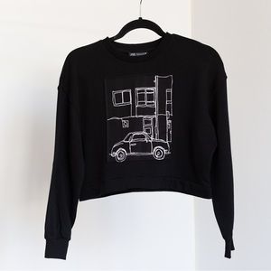 Bespoke up-cycled crop top sweatshirt with vintage car continuous line drawing.